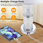 GRUENLICH Crystal Table Lamp Set of 2, 3-Way Dimmable Nightstand Lamp with Touch Control, USB C+A Charging Ports for Living Room Bedroom End Tables Office and Entryway （Silver）