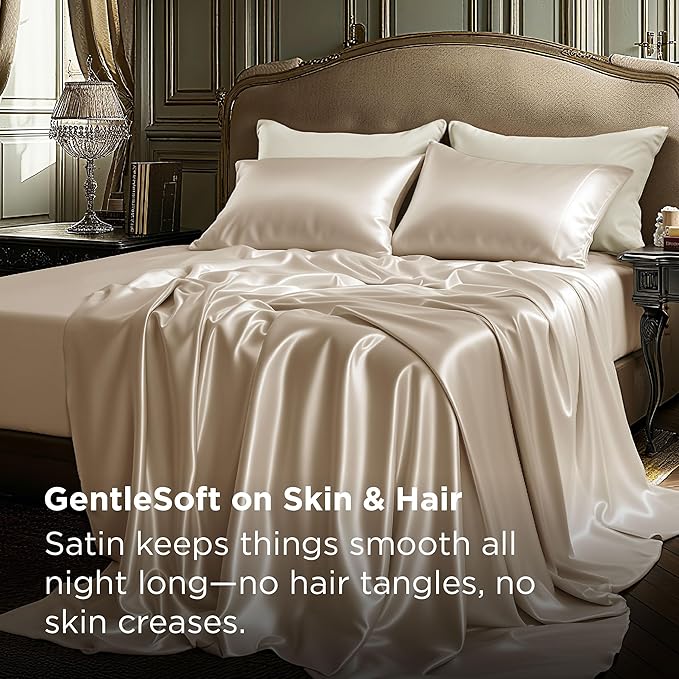 Bedsure Satin Sheets King Size - 4 Piece Silky Bedsheets with 15 Inches Deep Pocket Fitted Bedsheet,1 Flat Sheet, 2 Satin Pillowcases, Good for Hair & Skin (King, Khaki)