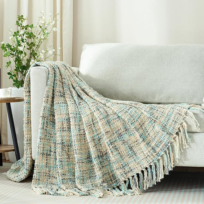 Multi-Color Blue Grey Cable Woven Throw Blanket for Couch,50"X60" Boho Style Textured Blankets for Home Decor,Super Soft Warm Cozy Chunky Blanket with Decorative Tassels for Bed