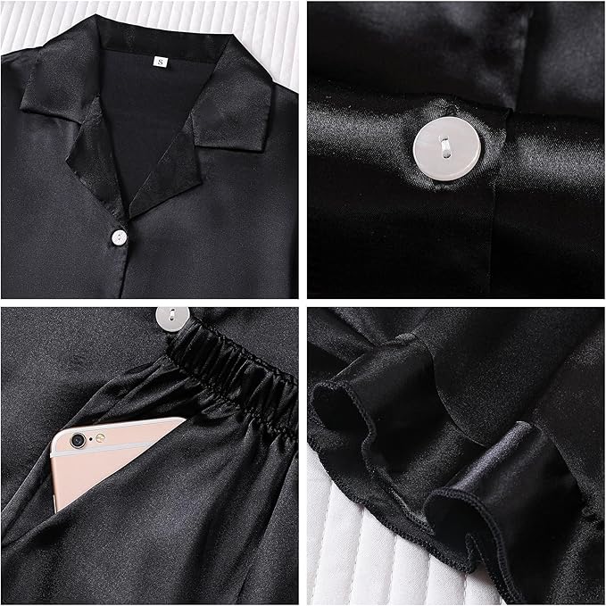 Satin Pajamas Set For Women 2Pcs Ruffled Silk Pj Button Down Pajama Sleepwear Loungewear Summer Nightwear