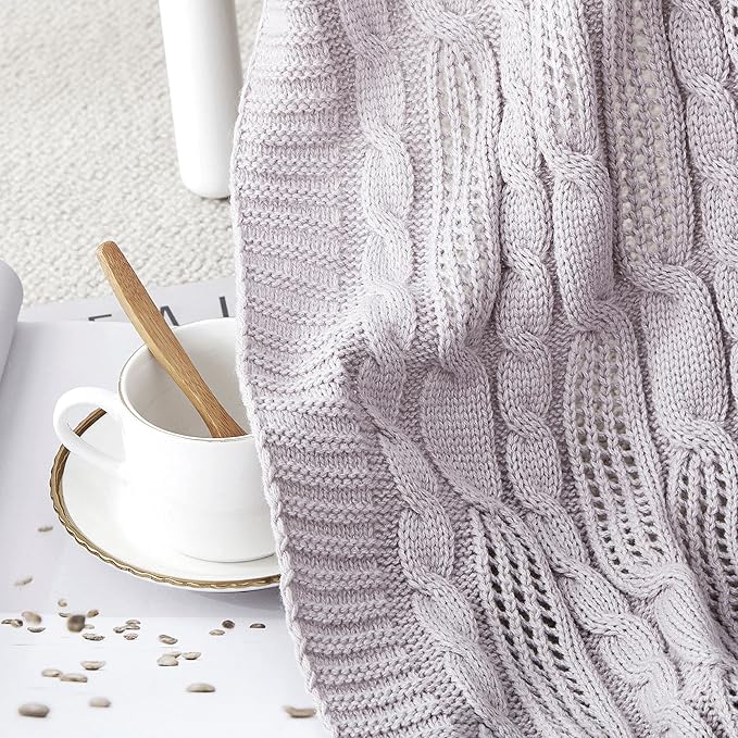 Aormenzy Cable Knit Throw Blankets 60 x 80 Inches, Soft Cozy and Lightweight Knitted Blanket, Machine Washable Acrylic Blanket, Decorative Throw Blanket for Couch Sofa Bed, Light Grey Purple