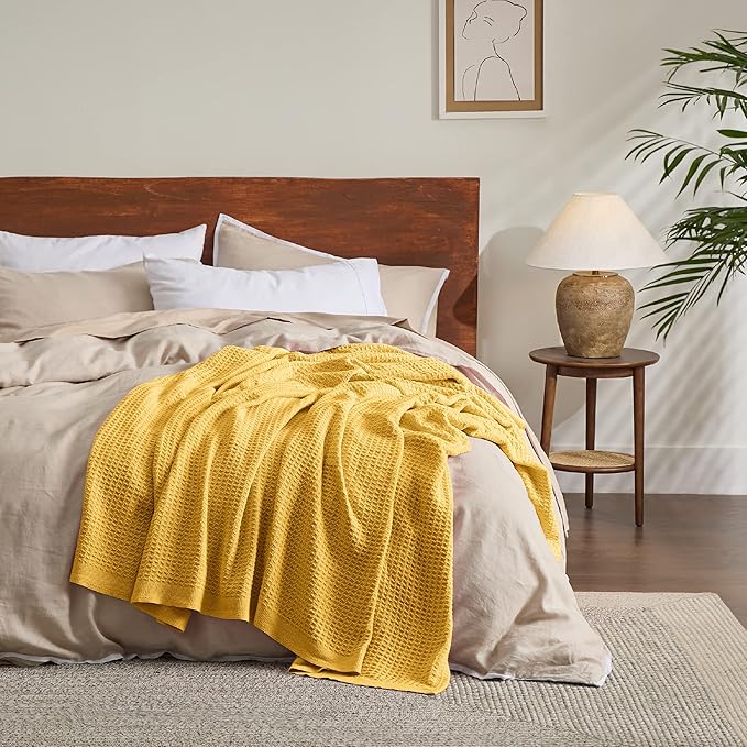 Bedsure Gentlesoft 100% Cotton Blanket King Size for Bed - Breathable and Soft for Spring Summer, Thick Cozy Waffle Weave Blanket Gifts for Women, Mustard Yellow, 104x90 inches