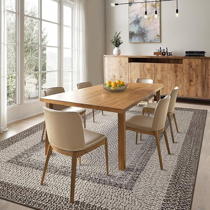 RUGSREAL Washable Rugs 5x7 Living Room Boho Throw Rug Stain Resistant Braided Print Border Large Carpet for Bedroom with Rubber Backing Low Pile Farmhouse Rustic Rug for Home Decor Office, Mocha