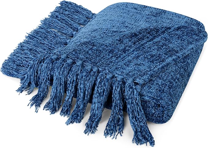 PAVILIA Blue Chenille Throw Blanket for Couch Sofa, Soft Knit Throw with Tassel, Decorative Blanket for Bed Chair Living Room, Blue 50x60