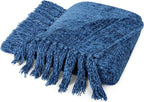 PAVILIA Blue Chenille Throw Blanket for Couch Sofa, Soft Knit Throw with Tassel, Decorative Blanket for Bed Chair Living Room, Blue 50x60