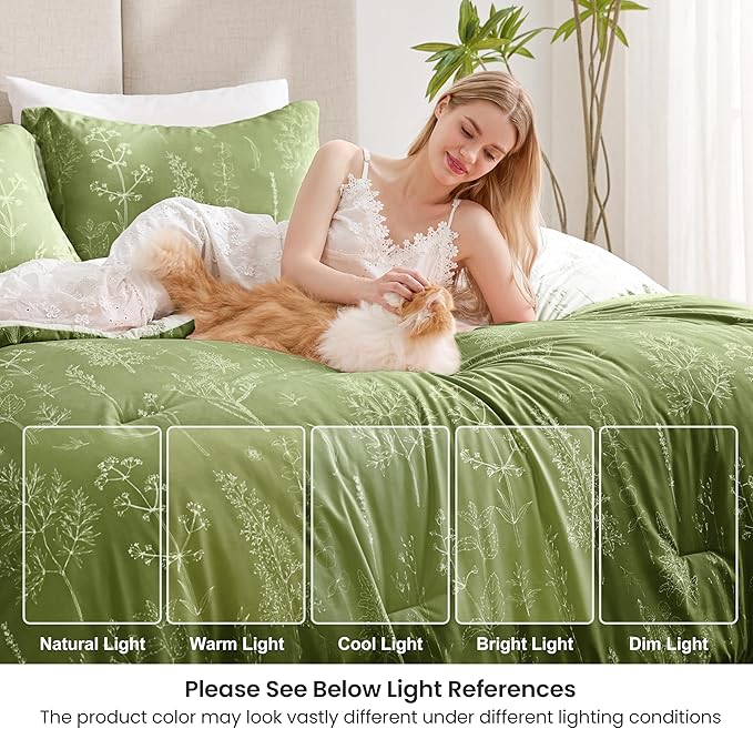 Love's cabin Olive Green Full Comforter Set - Full Size Comforter Set, 3 Pieces Cute Floral Bedding Sets for All Seasons,1 Soft Reversible Botanical Flowers Comforter and 2 Pillow Shams