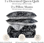 Southshore Fine Living, Inc. Black Quilt Queen Size, Oversized Quilt Bedding Set, Reversible Bed Ensemble, Floral Coverlet, Printed Bedspread 3-Piece with Two Matching Pillow Shams, Full/Queen, Black