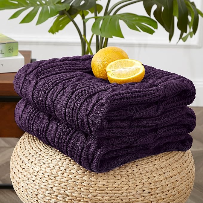 Aormenzy Cable Knit Throw Blankets 60 x 80 Inches, Soft Cozy and Lightweight Knitted Blanket, Machine Washable Acrylic Blanket, Decorative Throw Blanket for Couch Sofa Bed, Dark Purple