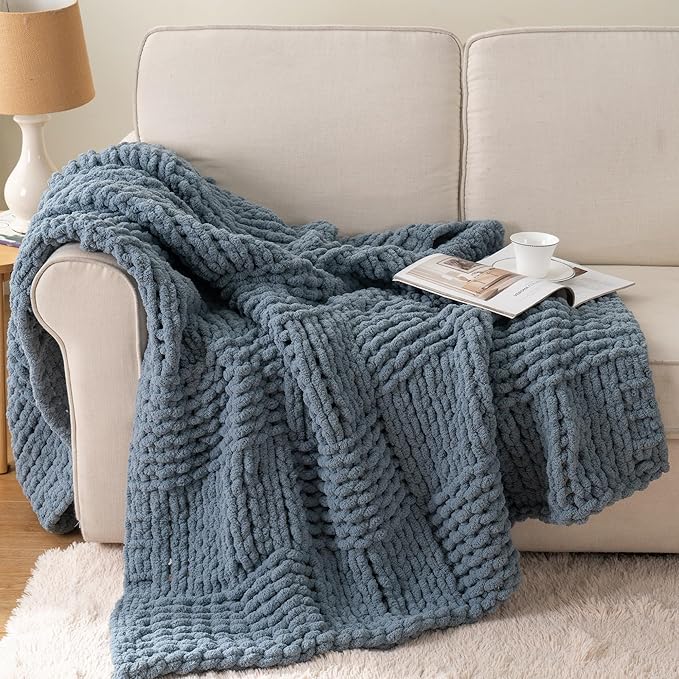 Bunnikins & Clover Dusty Blue Throw Blanket, Handmade Chenille Cable Chunky Knit Throw for Couch, Blue Grey Throw Blanket for Home Decor, 50"x60"