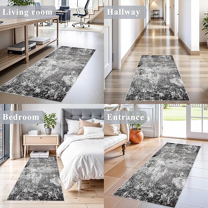 2x6ft Washable Kitchen Runner Rug – Non-Slip Low-Pile Floor Carpet Runner for Indoor Hallway, Bedroom, Bedside & Entryway, Modern Abstract Neutral (Black Grey,2x6)