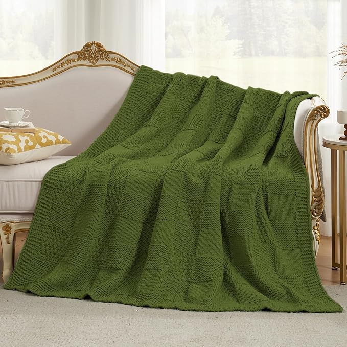 Amélie Home Knit Throw Blanket, Soft Chenille Cozy Breathable Checkered Chunky Decorative Blanket for Couch, Bed & Sofa, French-Inspired Lightweight Warm Gift for Women, Olive Green, 50"x60"