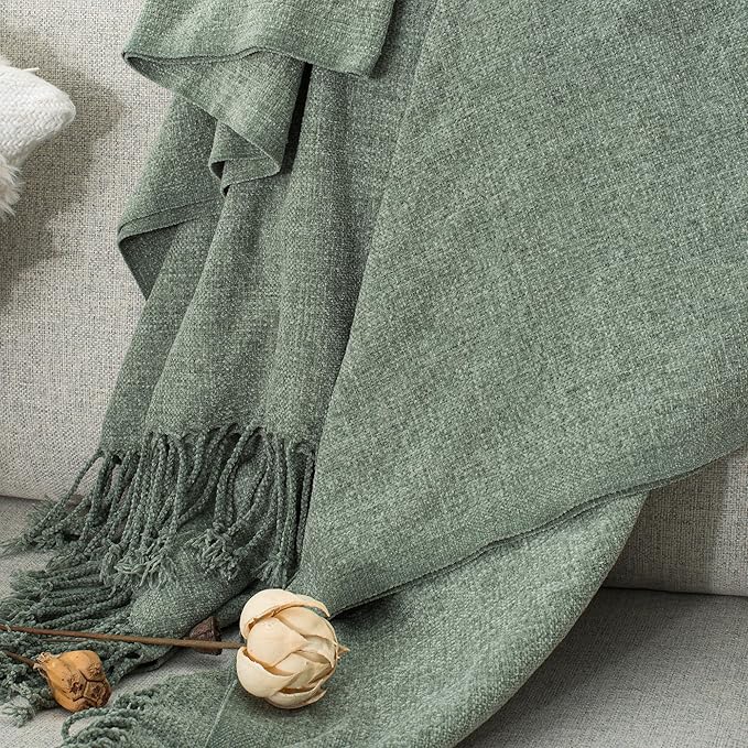 Chenille Throw Blanket for Couch with Tassels,60"X80" Soft Lightweight Knitted Boho Decorative Blankets for Bed and Sofa,Sage Green