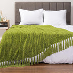 PAVILIA Olive Green Throw Blanket for Couch, Twin Size Bed, Chenille Blanket for Sofa Bed, Soft Knit Woven Blanket with Tassel, Decorative Textured Blanket for Living Room, Olive Green 60x80