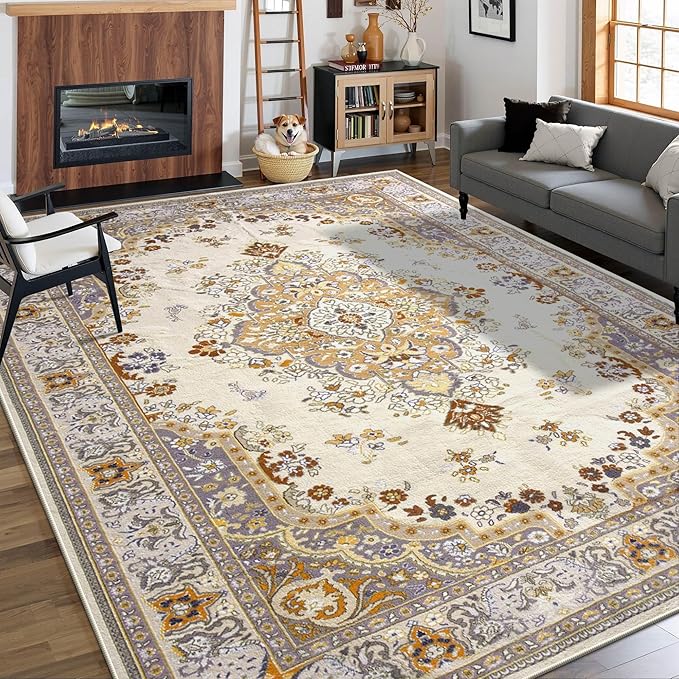 CRYPTOLITE Living Room Rug 7x10, Machine Washable Area Rug Non Slip Low Pile Rug for Living Room, Bedroom, Farmhouse, Dining Room, Beige
