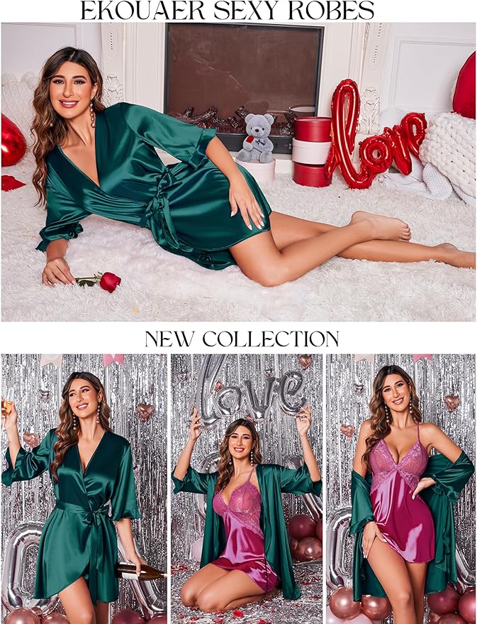 Ekouaer Women's Satin Robe Valentines Lingerie for Women Kimono Bathrobe Short Ruffle Belted Robes Bridesmaids Sleepwear