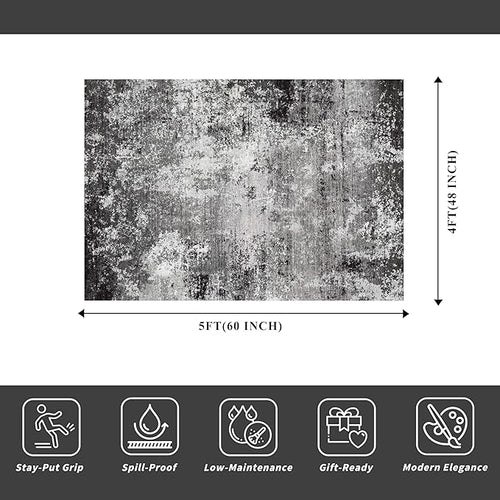 4x5 Washable Entryway Rug – Non-Slip Low Pile Throw Area Rug for Bathroom Kitchen Living Room Bedroom – Modern Abstract Neutral Soft Indoor Small Carpet (Black Grey,4x5)
