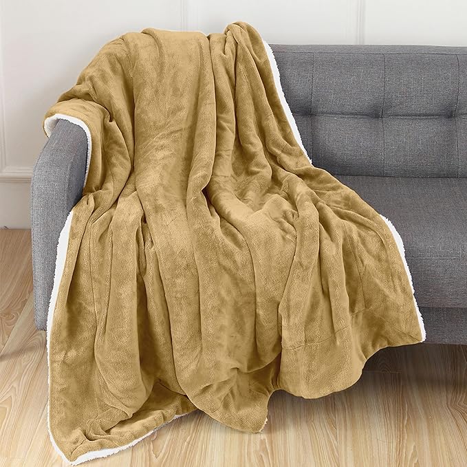 Elegant Comfort Throw Blanket, Reversible Sherpa Flannel, Ultra-Soft, Fuzzy, Cozy and Plush- All Season Lightweight Decorative Throw, 50 x 60 inches, Solid Sherpa Throw, Gold
