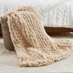 Chunky Knit Soft Throw Blanket - Cream - Chunky Chenille Cable Knitted Fluffy & Warm Chunky Throw Blanket with Woven Bag for Boho Home Decor, Handmade Large Knit Blanket for Bed & Couch 50" x 60"