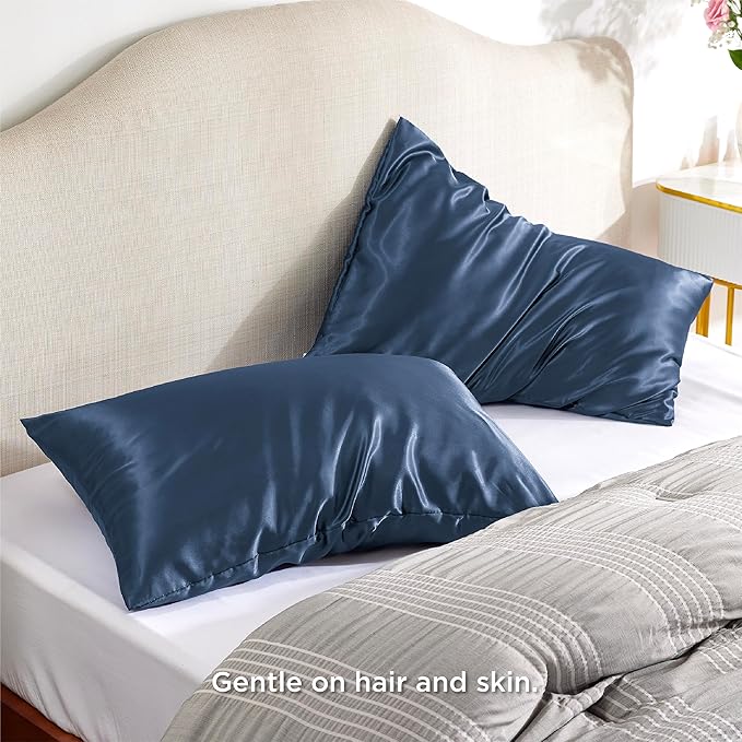 Bedsure Satin Pillowcase with Zipper, Similar to Silk Pillow Cases 2 Pack, Silky & Soft Satin Pillow Cases Standard Size for Hair and Skin, Gifts for Women Men, Blue, 20x26 Inches
