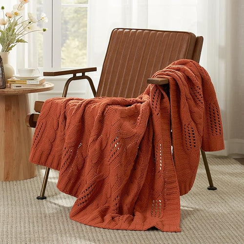 Amélie Home Chunky Knit Throw Blanket, Dual-Sided Soft Chenille Breathable Cable Knitted Blanket for Couch, Farmhouse Decorative Throw for Sofa & Chair, 60"x80", Burnt Orange