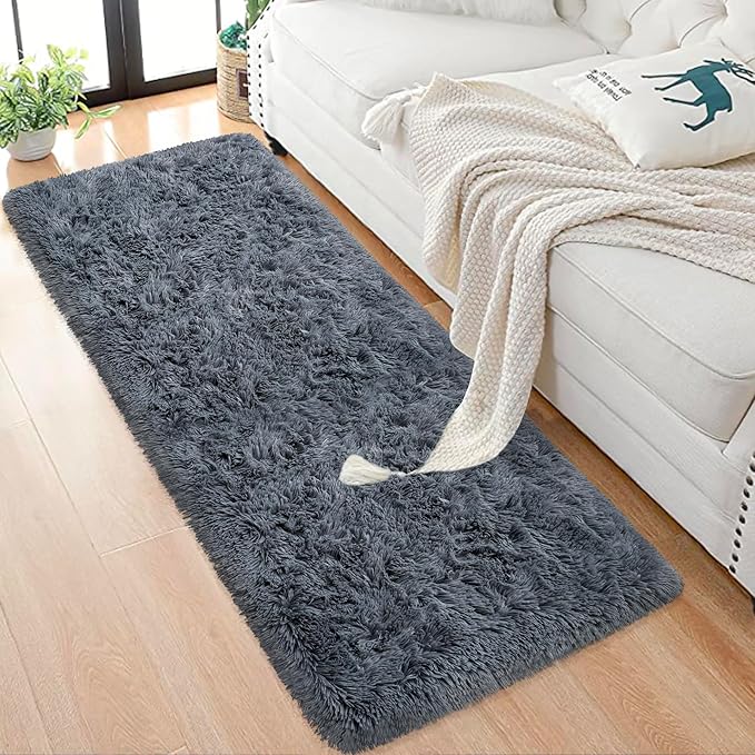 Runner Rug for Bedroom 2x6 Grey Fluffy Shaggy Rug Soft Plush Fuzzy Area Rug Bedside Runners for Hallway Kids Nursery Dorm Playroom Living Room with Non Slip Modern Indoor Decor Carpet