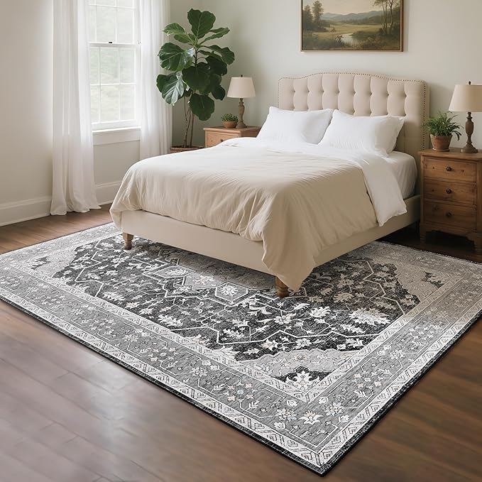 CRYPTOLITE 9x11 Area Rug for Living Room, Modern Washable Rug Non Slip Low Pile Large Area Rugs for Living Room, Bedroom, Farmhouse, Dining Room,Grey