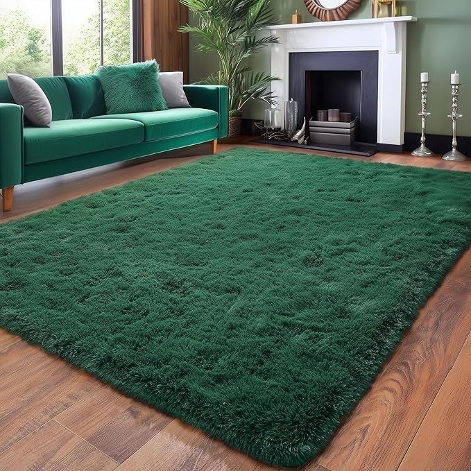 Amdrebio Dark Green Area Rugs for Living Room, 5x8, Fluffy Thick Rug for Bedroom, Soft Indoor Furry Rugs for Kids Room, Teen, Shag Modern Cool Carpet for Nursery Playroom Classroom, Emerald Green