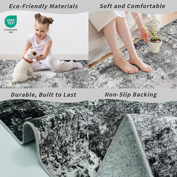 4x5 Washable Entryway Rug – Non-Slip Low Pile Throw Area Rug for Bathroom Kitchen Living Room Bedroom – Modern Abstract Neutral Soft Indoor Small Carpet (Black Grey,4x5)