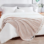 Striped Knit Throw Blanket with Braided Tassels 50" x 60", Hand Knitted Soft Chunky Chain Design Boho Farmhouse Blanket, Two Tone Tassel Decor Throw for Couch Bed Sofa Outdoor, Camel White