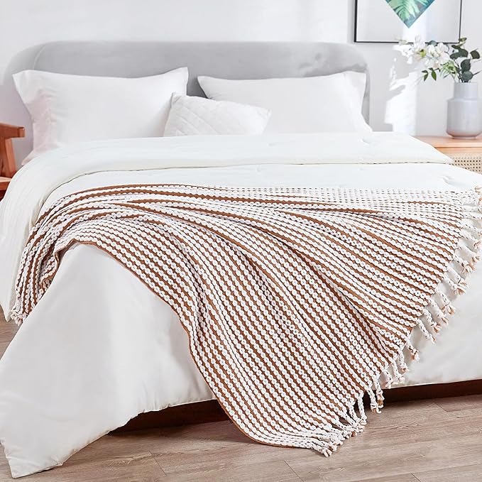 Striped Knit Throw Blanket with Braided Tassels 50" x 60", Hand Knitted Soft Chunky Chain Design Boho Farmhouse Blanket, Two Tone Tassel Decor Throw for Couch Bed Sofa Outdoor, Camel White