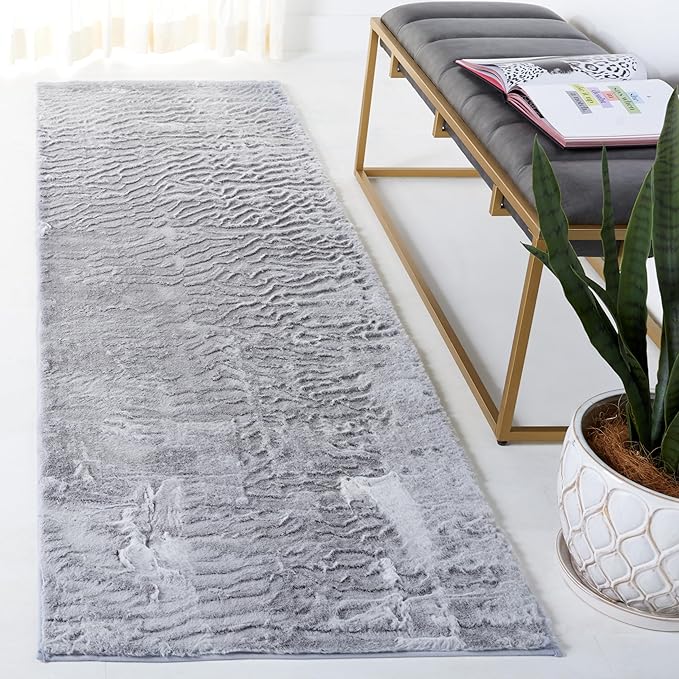 SAFAVIEH Washable Rug Faux Rabbit Fur Shag Collection - 2'6" x 8' Runner, Light Grey, Slip Resistant & Easy Clean, Ideal for Living Room, Hallway, Foyer, Nursery, Bedroom, Boys & Girls Room (FRF976F)