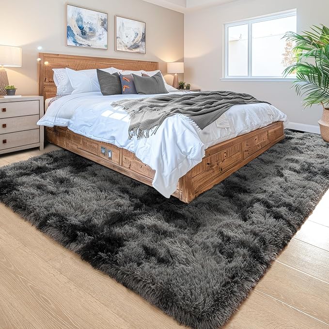 Noahas Fluffy 4x6 Area Rugs for Bedroom Living Room,Tie-Dyed Dark Grey Thick Shag Throw Floor Carpet,Soft Shaggy Bedside Non-Slip Plush Dorm Nursery Kids Rug