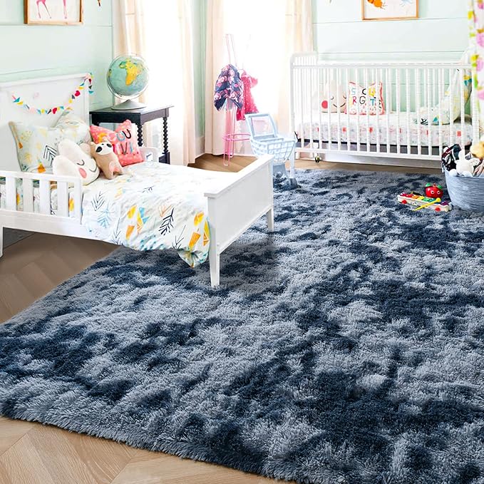 ISEAU Super Soft Rugs for Dorm, College, Apartment, Bedroom Shaggy Area Rug, 3x5 Feet Tie-Dye Carpet Fluffy Mats for Living Room, Non-Slip Abstract Fuzzy Rugs for Girls Boys Kids Room, Dark Blue