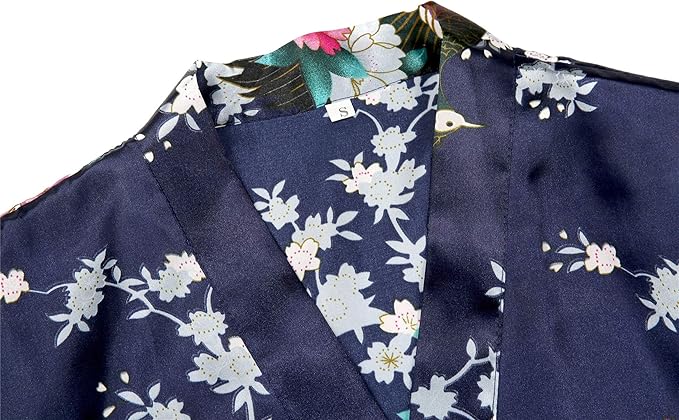 Valennia Women Long Silky Bathrobe Satin Kimono Robe Floral Printed Dressing Gown Sleepwear