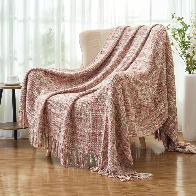 Multi-Color Light Pink Cable Woven Throw Blanket for Couch,60"X80" Boho Style Textured Blankets for Home Decor,Super Soft Warm Cozy Chunky Blanket with Decorative Tassels for Bed