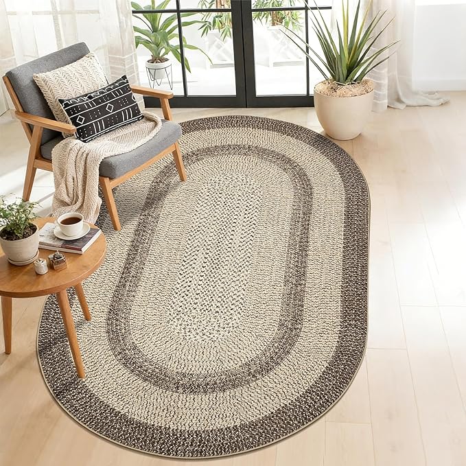 5x8 Oval Living Room Area Rug Washable Modern Border Bedroom Bedside Area Rugs Non Slip Low Pile Dining Room Oval Throw Carpet Contemporary Rugs for Living Room Kitchen Nursery, Camel