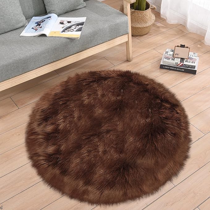 3ft Small Round Brown Rug,Thick Furry Fluffy Carpet for Teen,Sheepskin Fur Shaggy Circular Rug for Indoor Bedroom Room Living Room Nursery Decor Chair