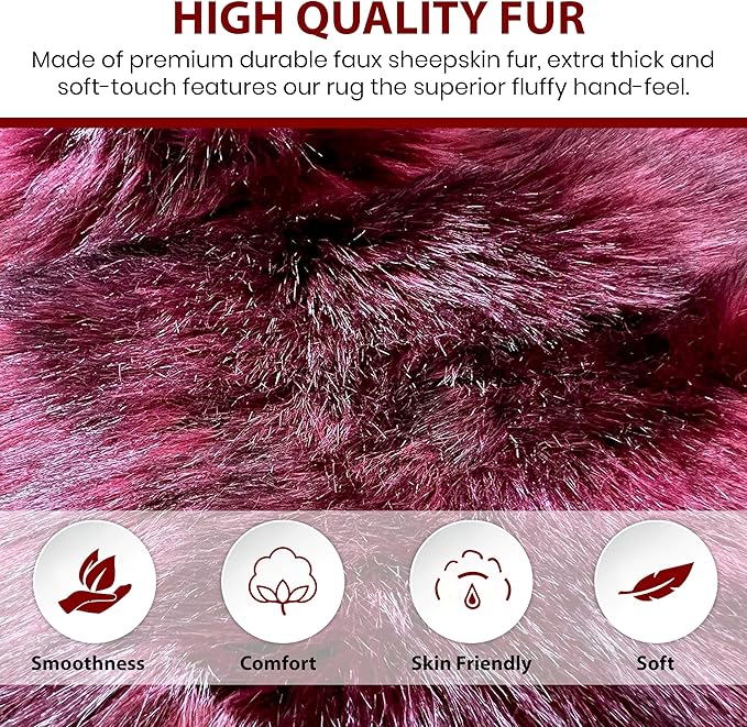 LAMBZY Bear Skin Rug Super Soft Fluffy Faux Fur for Bedroom Floor Sofa Living Room High-Density Plush Shaggy Carpet Sofa Cover Bedside Sheepskin Rug (2'x3', Burgundy)