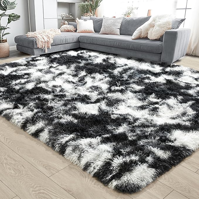 Noahas Large Fluffy 6x9 Area Rugs for Living Room Bedroom,Tie-Dyed Black and White Thick Shag Throw Rug,Big Soft Shaggy Bedside Non-Slip Plush Dorm Nursery Kids Carpet
