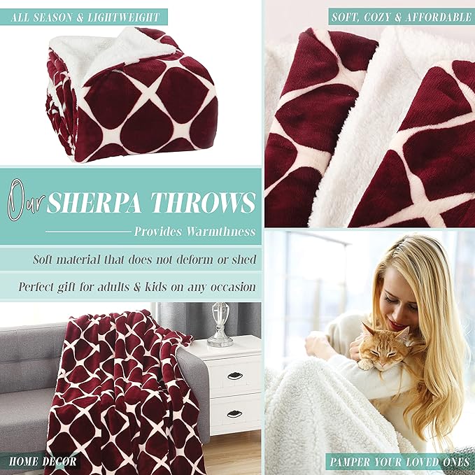 Elegant Comfort Throw Blanket, Reversible Sherpa Flannel, Ultra-Soft, Fuzzy, Cozy and Plush- All Season Lightweight Decorative Throw, 50 x 60 inches, Ogee Pattern Sherpa Throw, Burgundy
