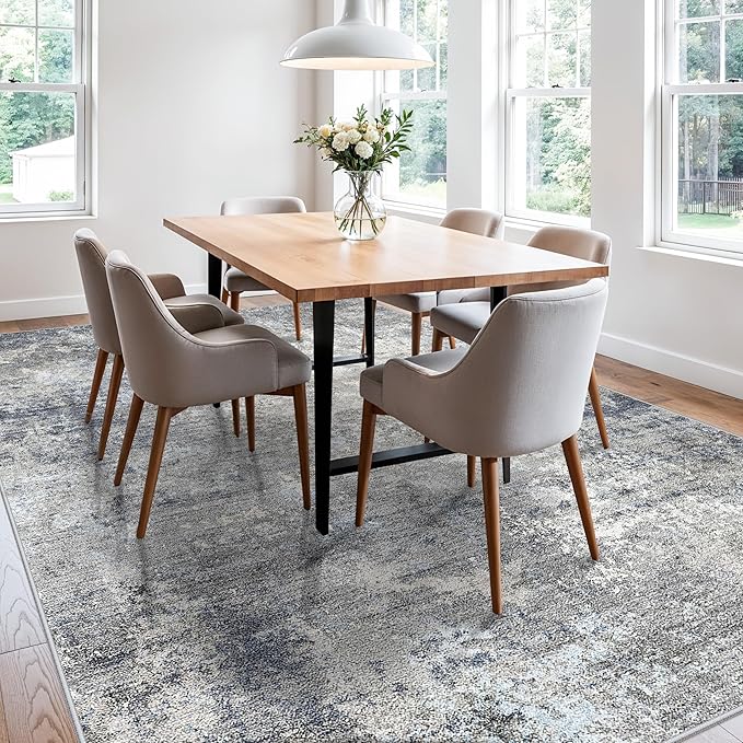 Washable Area Rug 9x12 Living Room – Neutral Modern Abstract Large Carpet for Bedroom Dining Room Office – Soft Non-Slip Low-Pile Thin Stain-Resistant Indoor Rugs （Blue Grey,9x12）