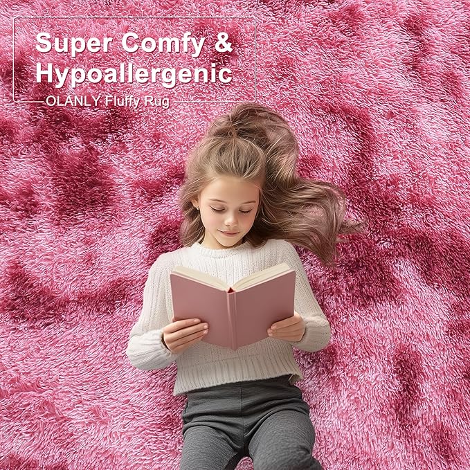 OLANLY Area Rugs for Living Room Bedroom, Machine Washable 4x5.9 Feet Soft Fluffy Shaggy Bedside Rug, Indoor Floor Carpet for Kids Girls and Boys, Nursery Room, Home Decor Aesthetic, Pink Tie-dye