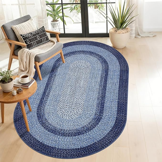 5x8 Oval Living Room Area Rug Washable Modern Border Bedroom Bedside Area Rugs Non Slip Low Pile Dining Room Oval Throw Carpet Contemporary Rugs for Living Room Kitchen Nursery, Navy
