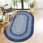 5x8 Oval Living Room Area Rug Washable Modern Border Bedroom Bedside Area Rugs Non Slip Low Pile Dining Room Oval Throw Carpet Contemporary Rugs for Living Room Kitchen Nursery, Navy