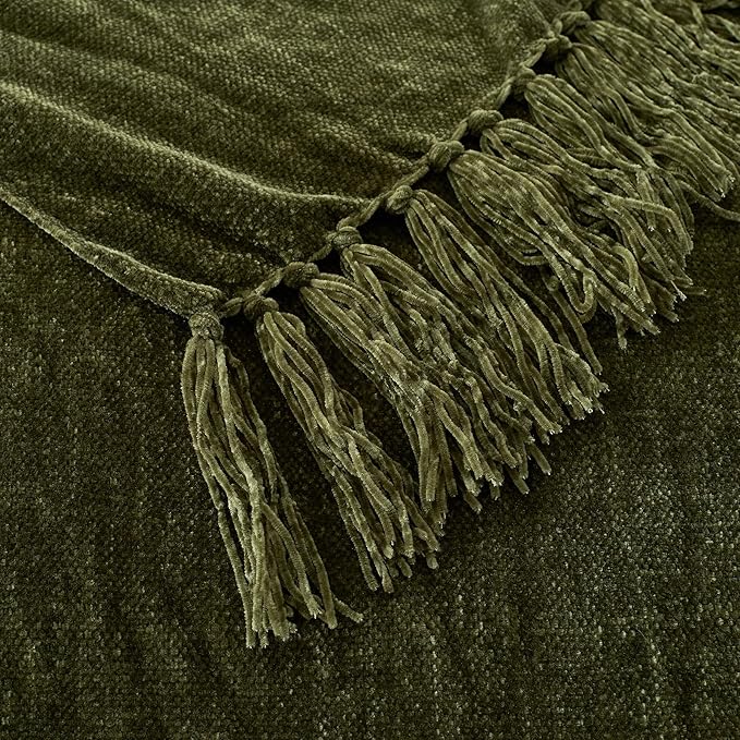 Chenille Throw Blanket for Couch with Tassels,50"X60" Soft Cozy Lightweight Knitted Boho Decorative Blankets for Bed and Sofa,Olive Green