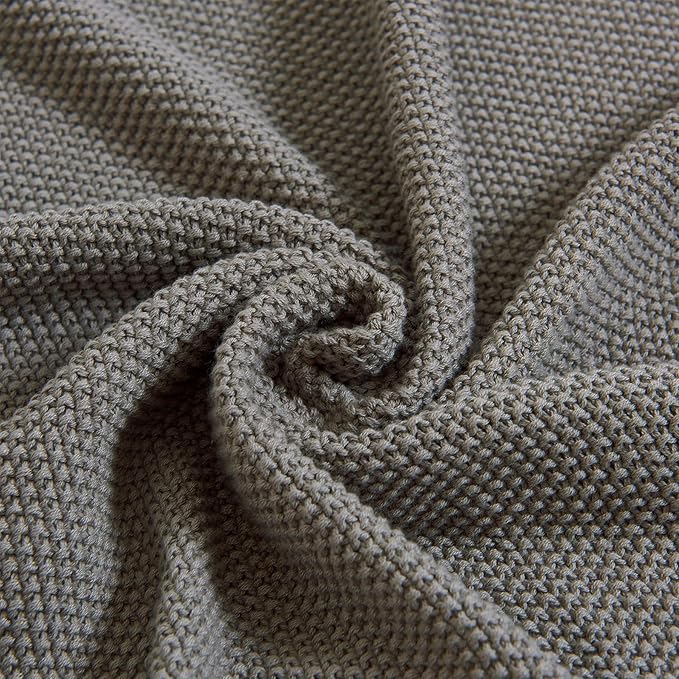 Longhui bedding Medium Grey 100% Cotton Cable Knit Lightweight Throw Blanket for Couch Sofa Bed Home Décor, Bonus Laundering Bag, Gray Color 50“ x 60” Machine Washable