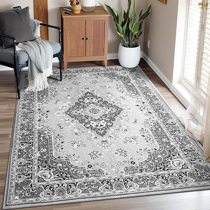 CRYPTOLITE Vintage Area Rug 5x8 Rugs, Machine Washable Vintage Area Rug Non-Slip Low Pile Large Rug for Living Room, Bedroom, Farmhouse, Dining Room, Grey