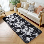 Amdrebio Black White Grey Runner Rugs 2x6 for Bedroom Living Room Decor, Fluffy Fuzzy Shag Bedside Area Rug for Kids Room Dorm Home Office, Cool Shaggy Plush Floor Modern Carpet for Teen Boys Men