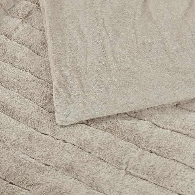 Striped Throw Blanket and Pillow Covers Set (No Inserts) for Couch and Bed, Plush Warm Lightweight Fuzzy Faux Fur Blanket for All Seasons (60" x 80", Oatmeal)