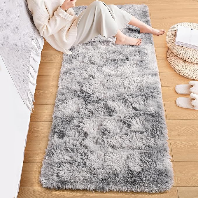 ISEAU Runner Rug for Dorm, College, Apartment, Bedroom, 2x6 Feet Shag Area Rug with Upgrade Non Slip, Light Grey Fluffy Carpet Runner for Hallway, Fuzzy Soft Rugs for Kids Boys Bedroom Decor